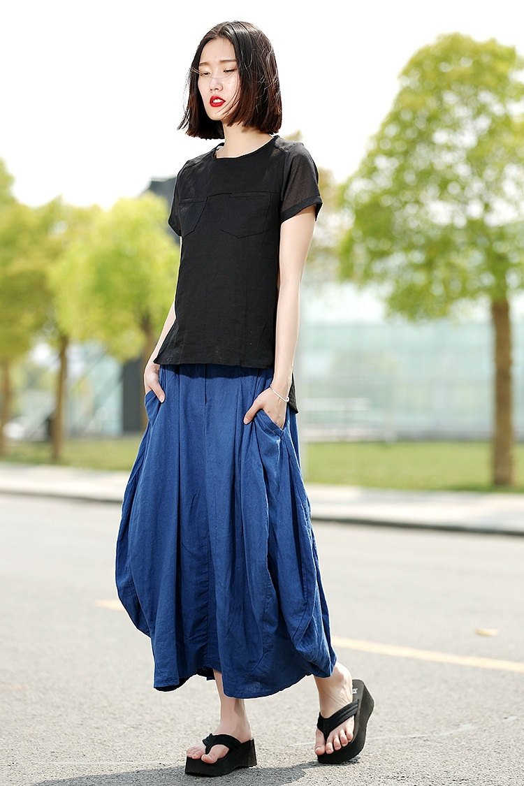 Modern Linen Skirt - Contemporary Blue Casual Every Day Comfortable Handmade Designer Woman's Skirt (C361)