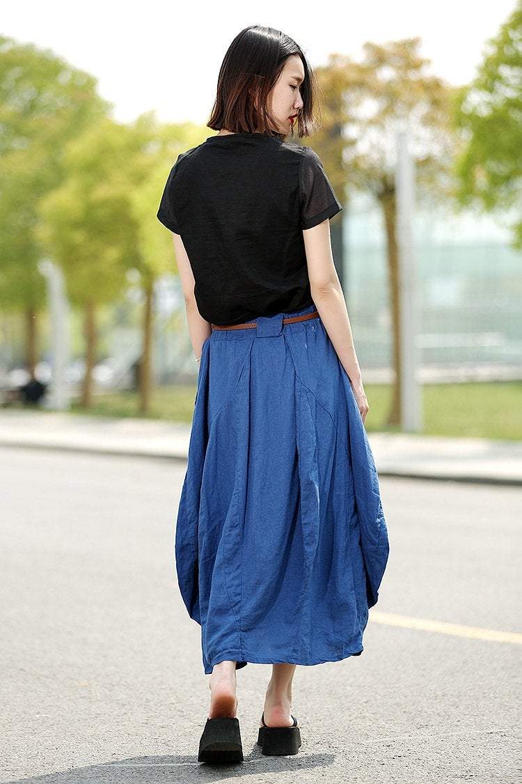 Modern Linen Skirt - Contemporary Blue Casual Every Day Comfortable Handmade Designer Woman's Skirt (C361)