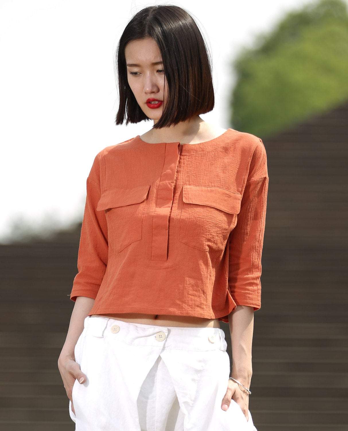 Orange linen top, loose linen top, linen top, mini tops C498