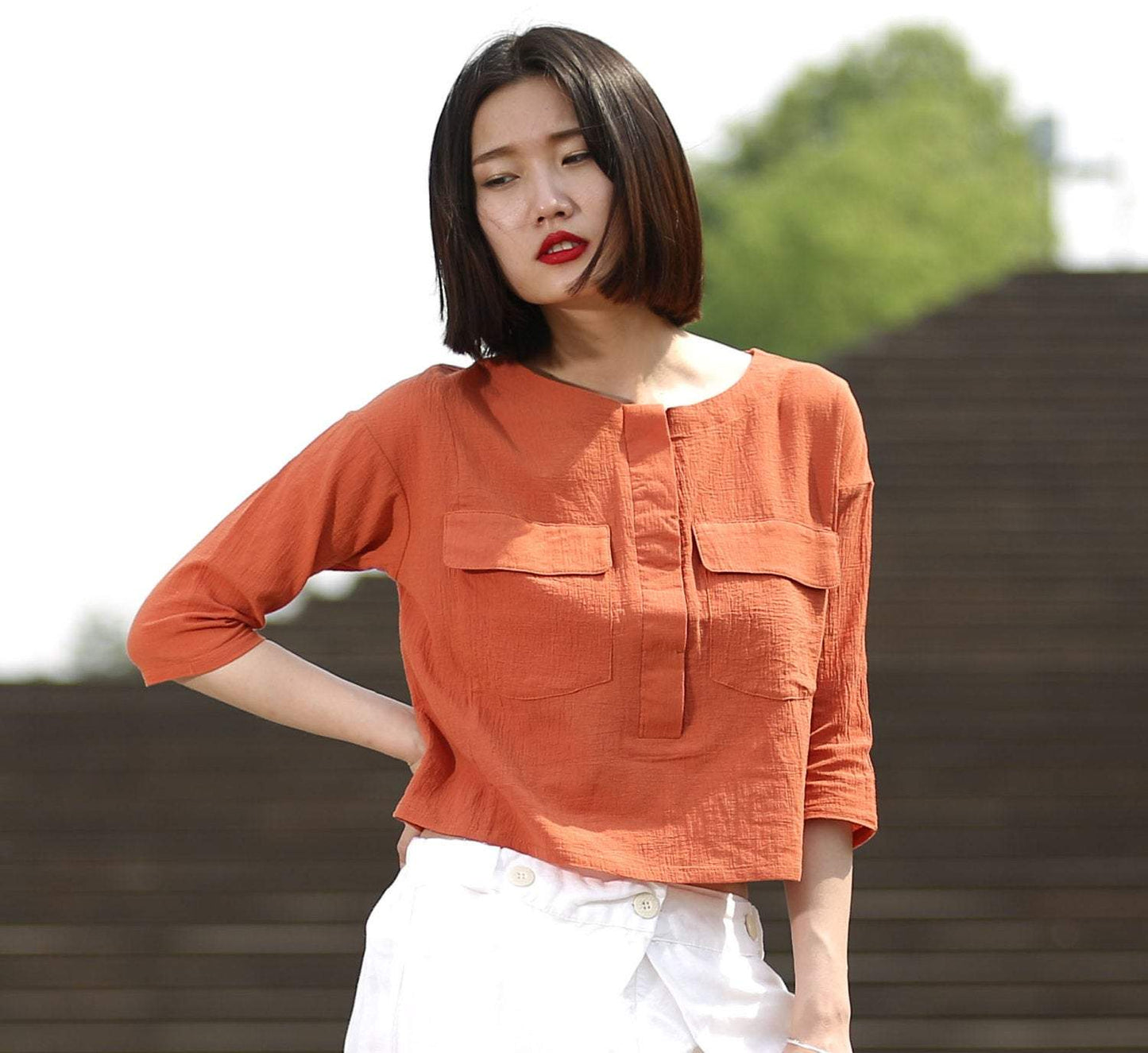 Orange linen top, loose linen top, linen top, mini tops C498