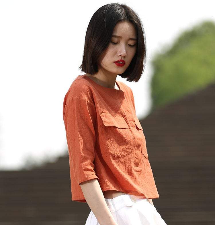 Orange linen top, loose linen top, linen top, mini tops C498