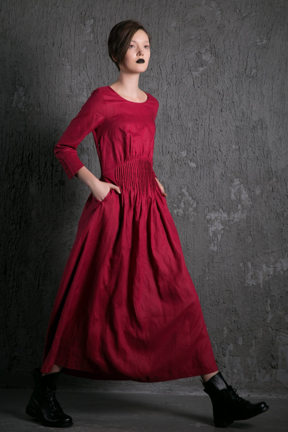 Red Linen Maxi Dress - Raspberry Fit & Flare with Pintuck Pleated Waist Summer Fall Fashion Womens Dress (C500)