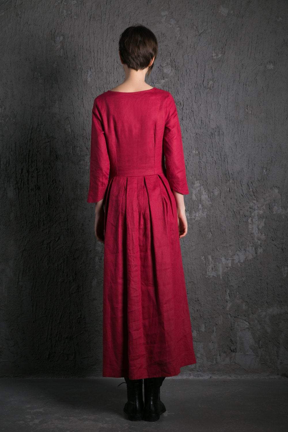 Red Linen Maxi Dress - Raspberry Fit & Flare with Pintuck Pleated Waist Summer Fall Fashion Womens Dress (C500)
