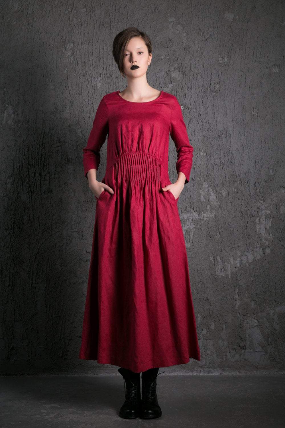Red Linen Maxi Dress - Raspberry Fit & Flare with Pintuck Pleated Waist Summer Fall Fashion Womens Dress (C500)