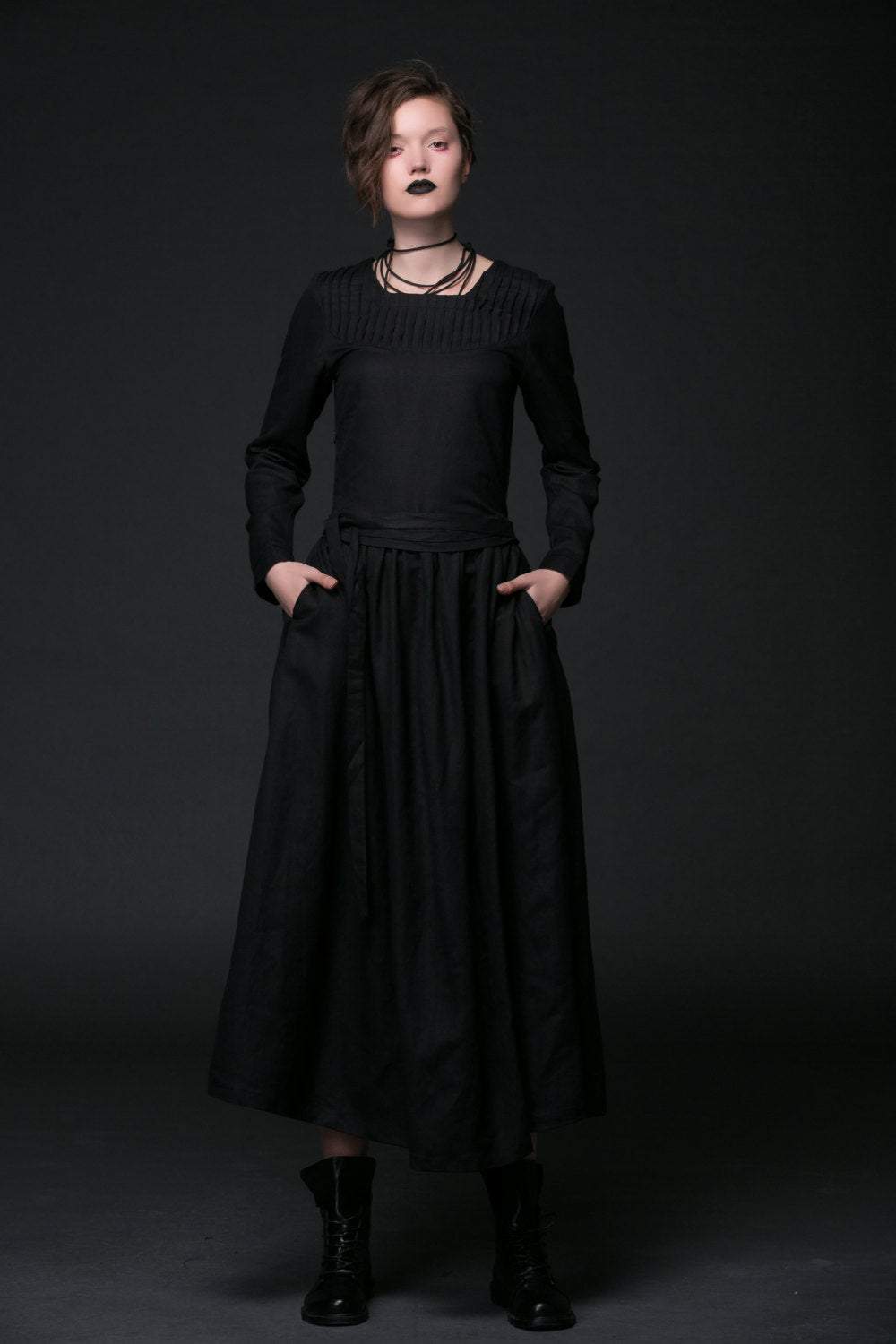 Black Linen Dress - Maxi Goth Style Long Sleeved Fit & Flare with Tie YLISTYLE Black Linen Dress - Maxi Goth Style Long Sleeved Fit & Flare with Tie YLISTYLE