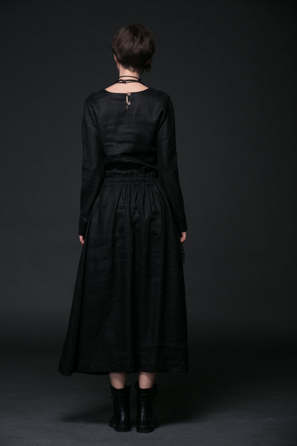 Modern Linen Dress, maxi dress pockets, womens dresses, black dress, Drawstring dress, long sleeved dress, fall dress, handmade dress(C507)