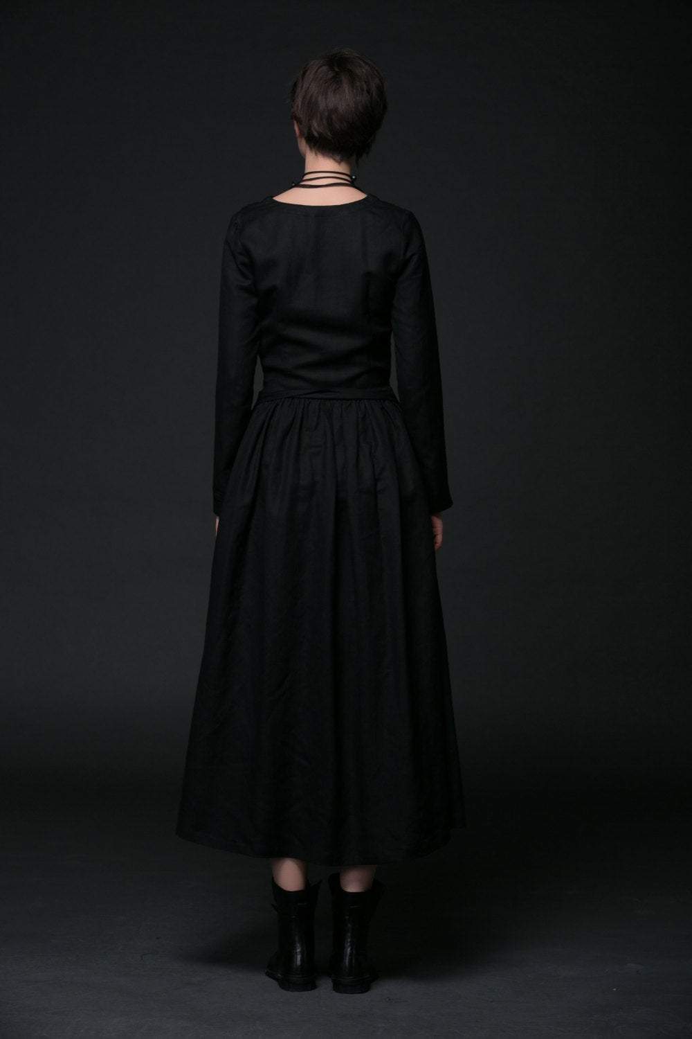 Black Linen Dress - Maxi Goth Style Long Sleeved Fit & Flare with Tie Belt Women's Handmade Clothing C513