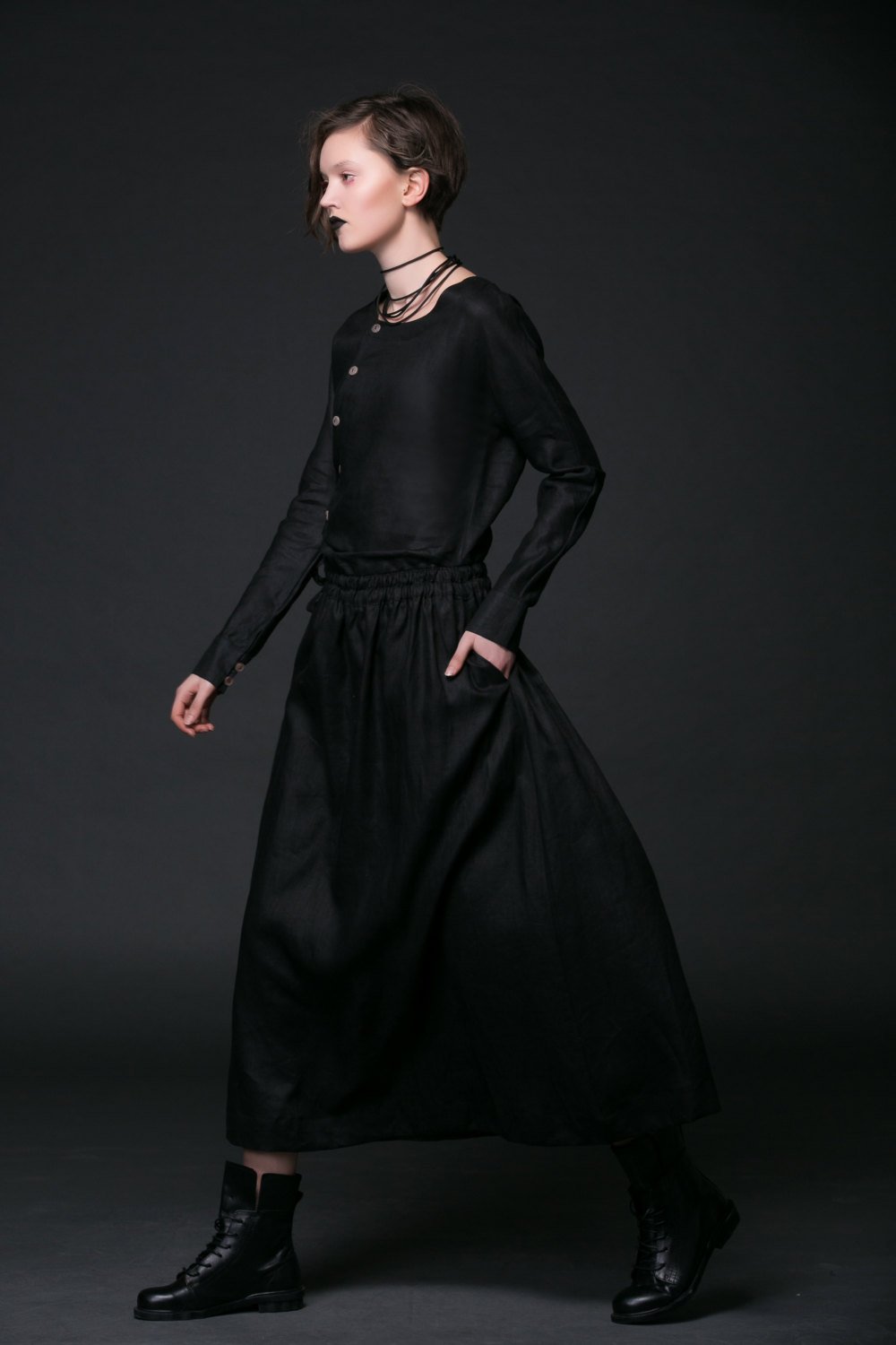 Modern Linen Dress, maxi dress pockets, womens dresses, black dress, Drawstring dress, long sleeved dress, fall dress, handmade dress(C507)