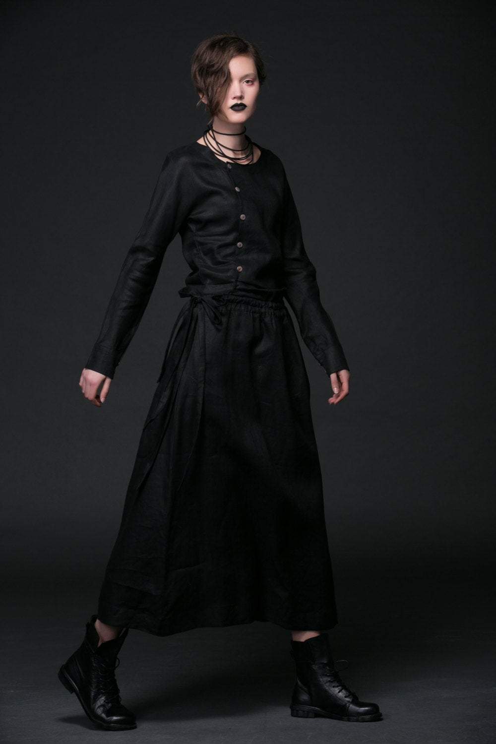 Modern Linen Dress, maxi dress pockets, womens dresses, black dress, Drawstring dress, long sleeved dress, fall dress, handmade dress(C507)