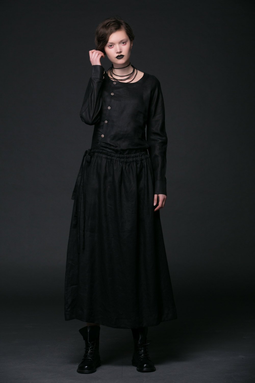 Modern Linen Dress, maxi dress pockets, womens dresses, black dress, Drawstring dress, long sleeved dress, fall dress, handmade dress(C507)
