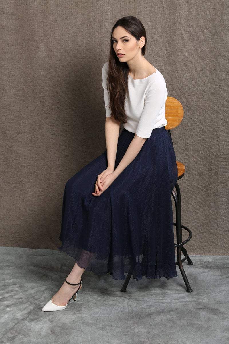 Party skirt, chiffon skirt, long skirt, navy blue skirt, womens skirts, elegant skirt, flare skirt, swing skirt, pleated skirt C428