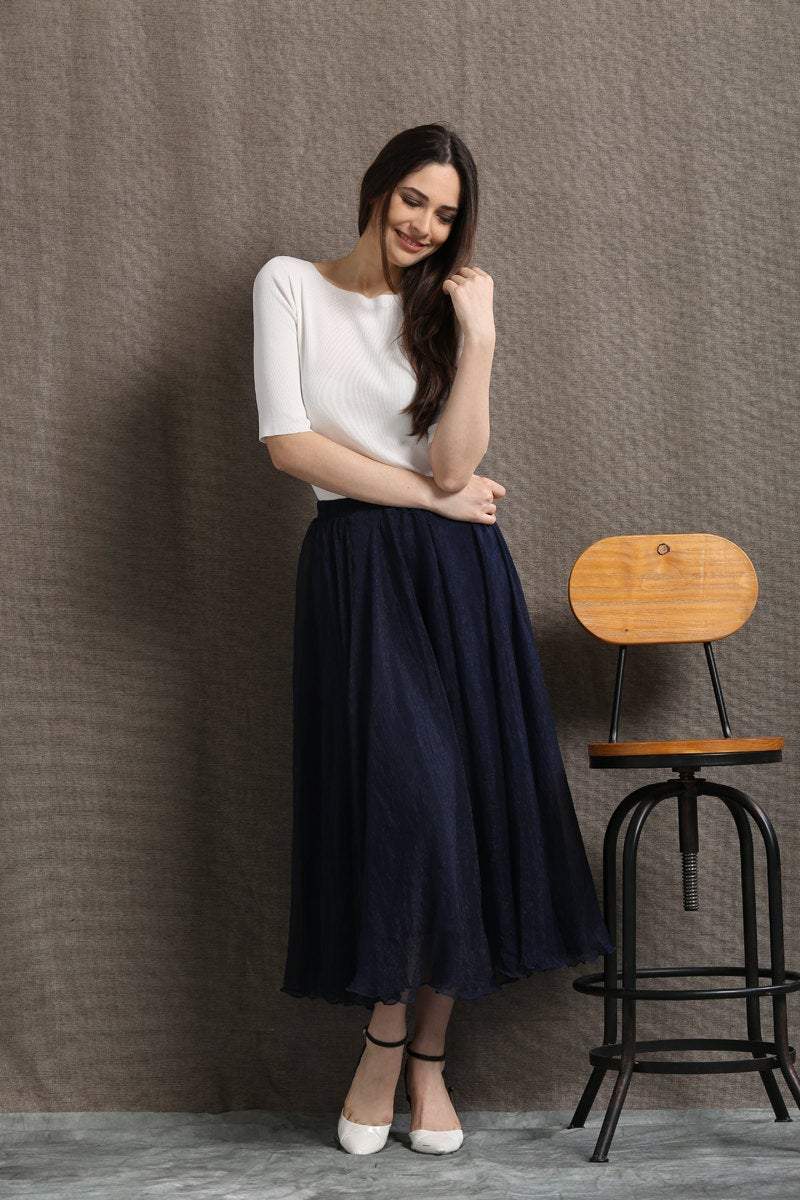 Party skirt, chiffon skirt, long skirt, navy blue skirt, womens skirts, elegant skirt, flare skirt, swing skirt, pleated skirt C428