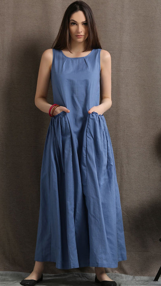 Blue Linen Maxi Dress - Sleeveless Semi-Fitted with Large Pockets C426