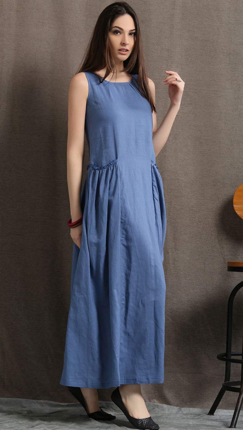 Maxi Linen Dress - Blue Long Casual Comfortable Sleeveless Women's Summer Dress with 2 Large Pockets C426