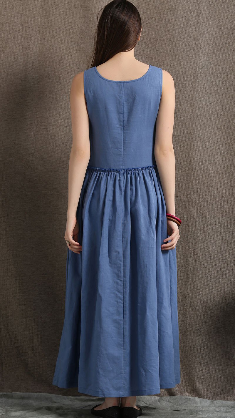Maxi Linen Dress - Blue Long Casual Comfortable Sleeveless Women's Summer Dress with 2 Large Pockets C426