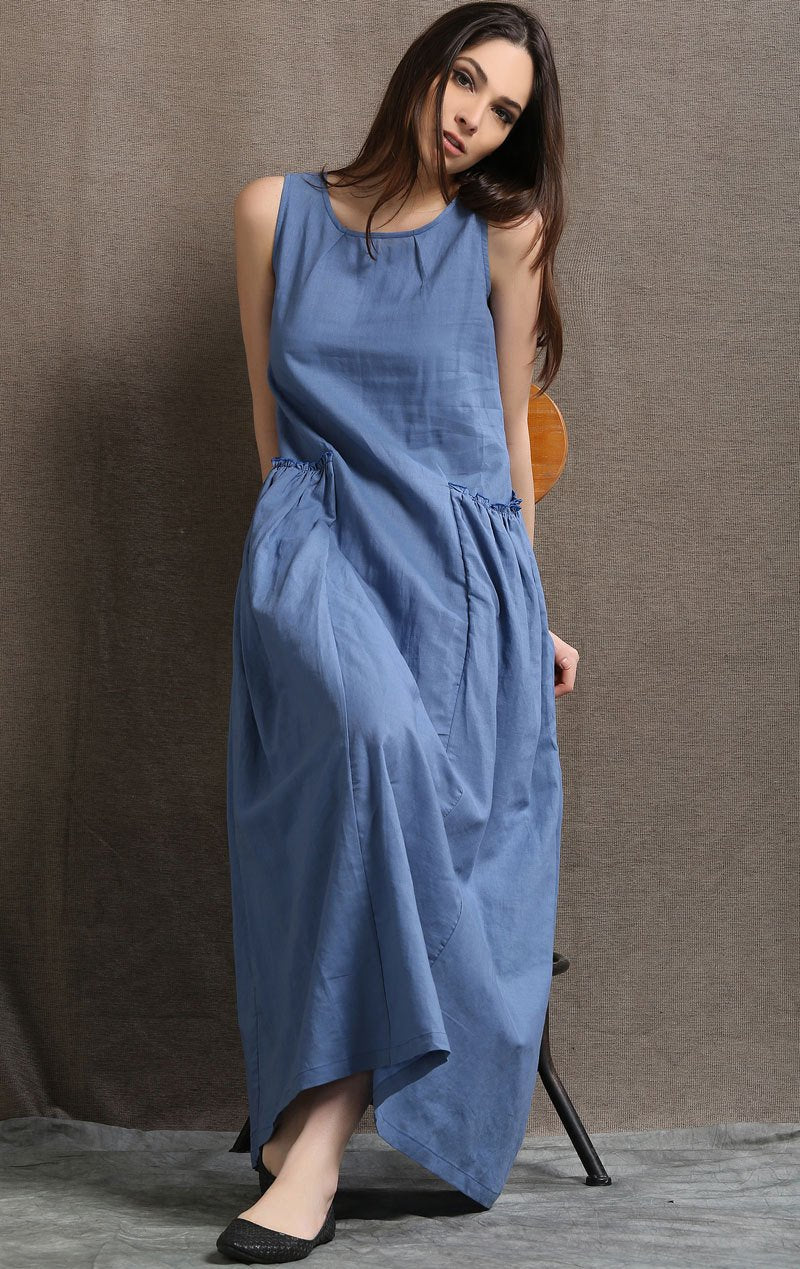 Maxi Linen Dress - Blue Long Casual Comfortable Sleeveless Women's Summer Dress with 2 Large Pockets C426