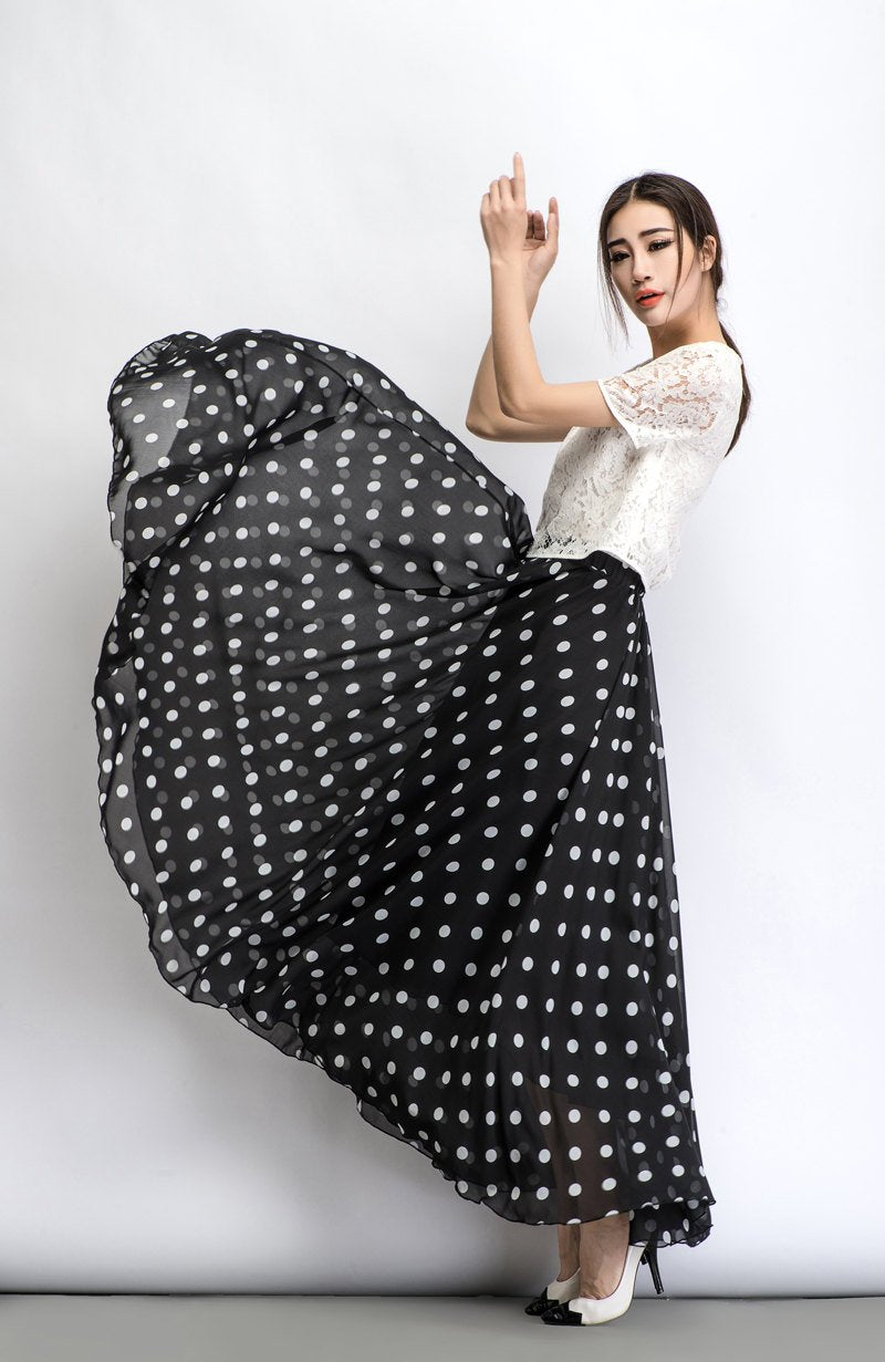 Chiffon skirt, Polka dot skirt, maxi skirt, long polka dot skirt, summer skirt, long skirt, maxi chiffon skirt, women skirt black C481