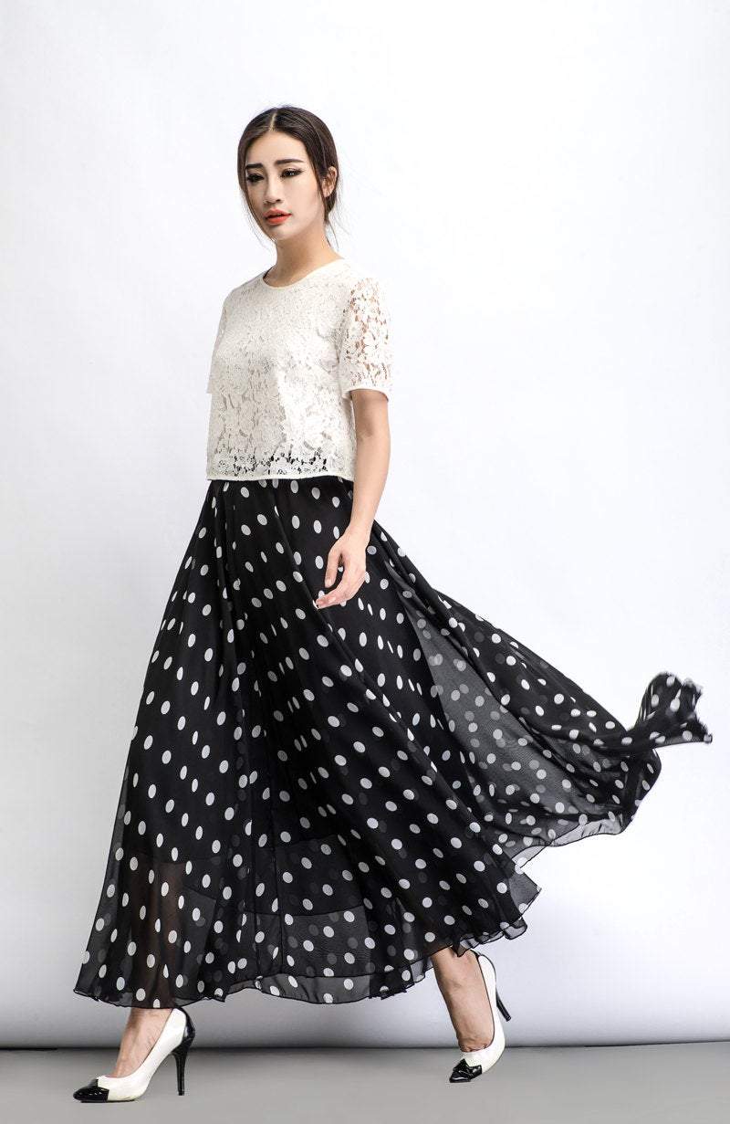 Chiffon skirt, Polka dot skirt, maxi skirt, long polka dot skirt, summer skirt, long skirt, maxi chiffon skirt, women skirt black C481