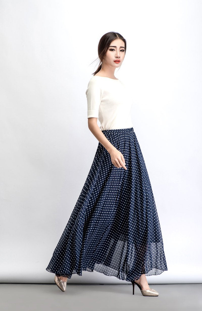 Chiffon skirt, polka dot maxi skirt, floaty skirt, long skirt, wedding skirt, summer skirt, navy blue skirt, sheer skirt, swing skirt C475
