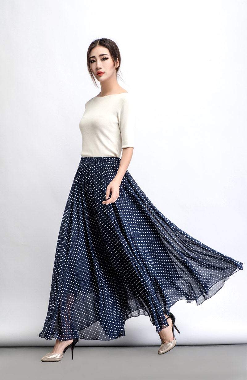 Chiffon skirt, polka dot maxi skirt, floaty skirt, long skirt, wedding skirt, summer skirt, navy blue skirt, sheer skirt, swing skirt C475