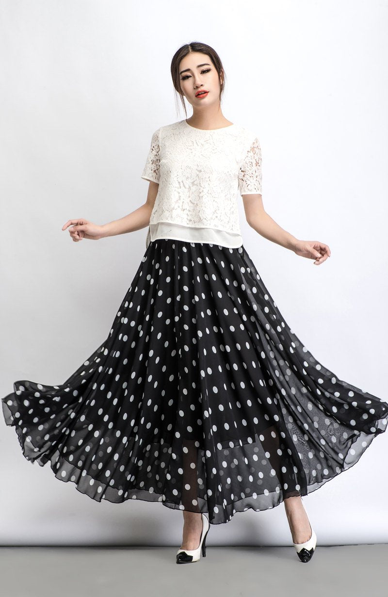 Chiffon skirt, Polka dot skirt, maxi skirt, long polka dot skirt, summer skirt, long skirt, maxi chiffon skirt, women skirt black C481