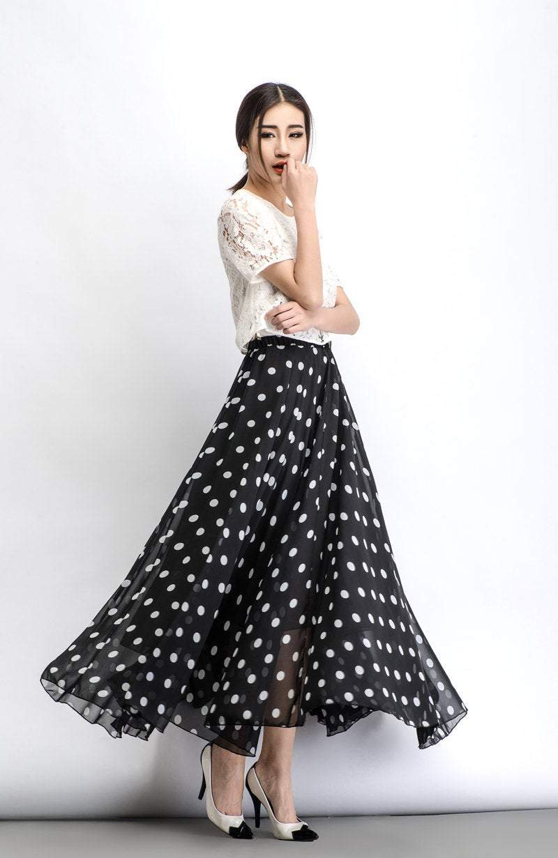 Chiffon skirt, Polka dot skirt, maxi skirt, long polka dot skirt, summer skirt, long skirt, maxi chiffon skirt, women skirt black C481