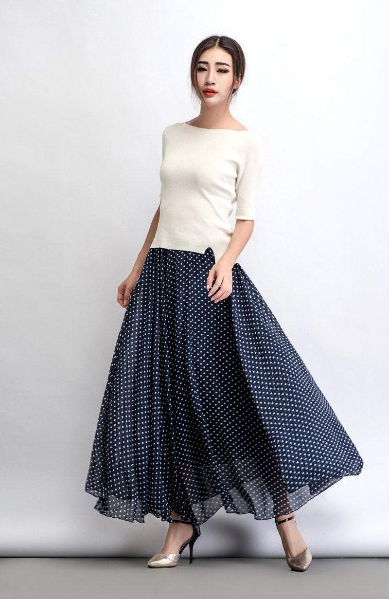 Chiffon skirt, polka dot maxi skirt, floaty skirt, long skirt, wedding skirt, summer skirt, navy blue skirt, sheer skirt, swing skirt C475
