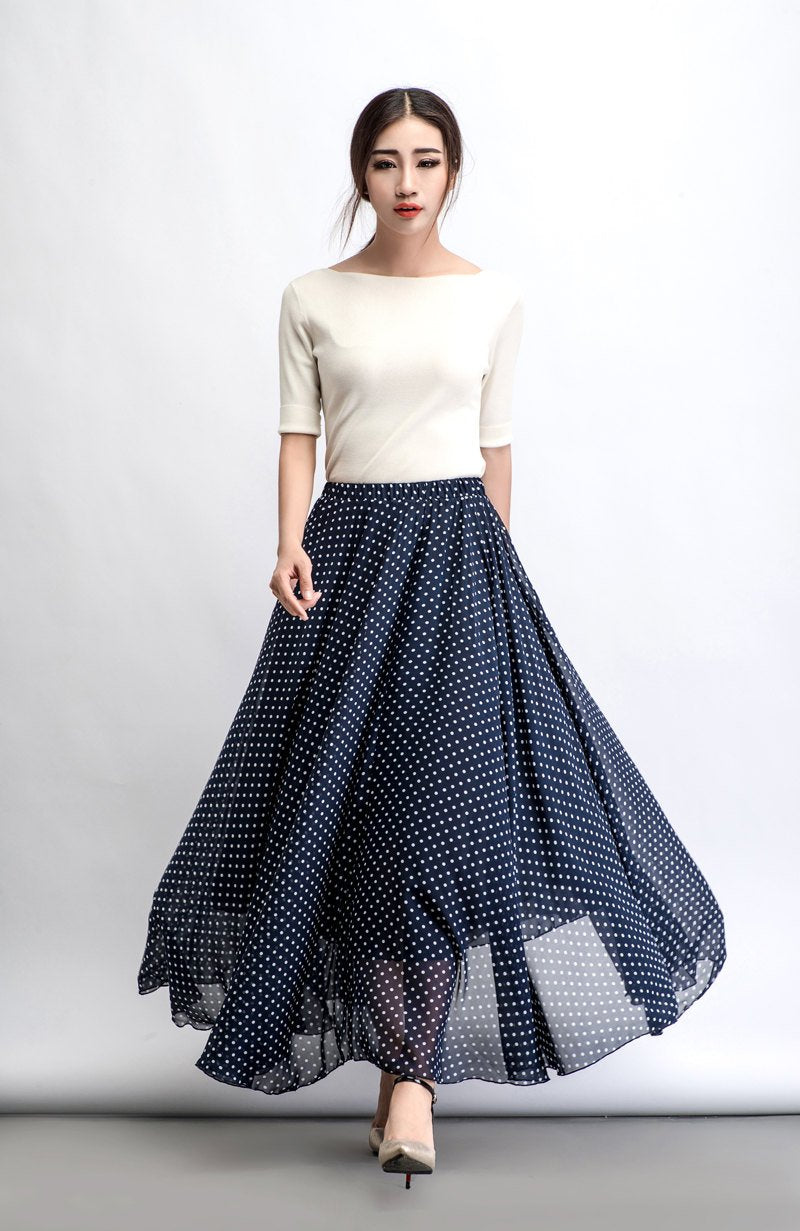 Chiffon skirt, polka dot maxi skirt, floaty skirt, long skirt, wedding skirt, summer skirt, navy blue skirt, sheer skirt, swing skirt C475