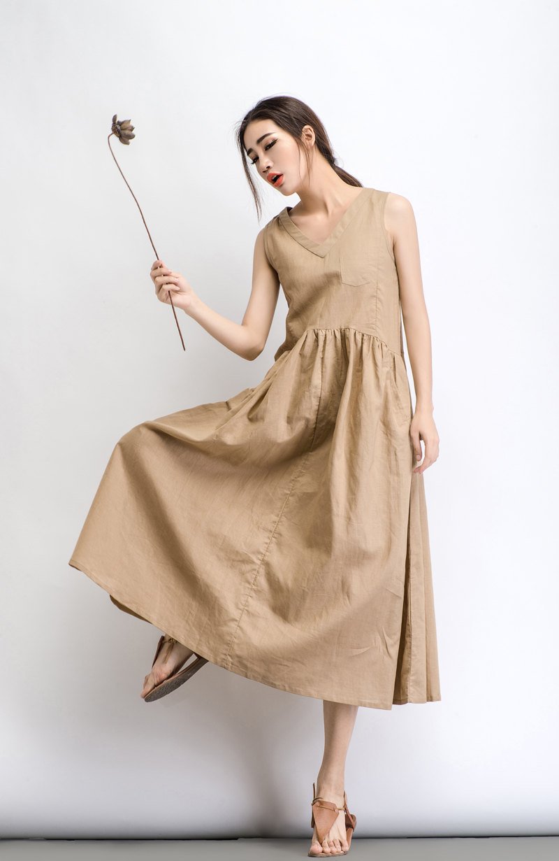 Sleeveless loose fit V neck maxi linen dress C487