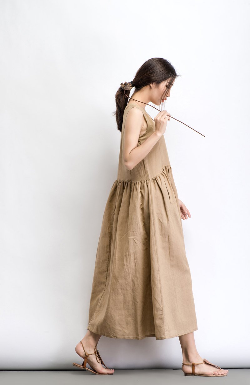 Sleeveless loose fit V neck maxi linen dress C487