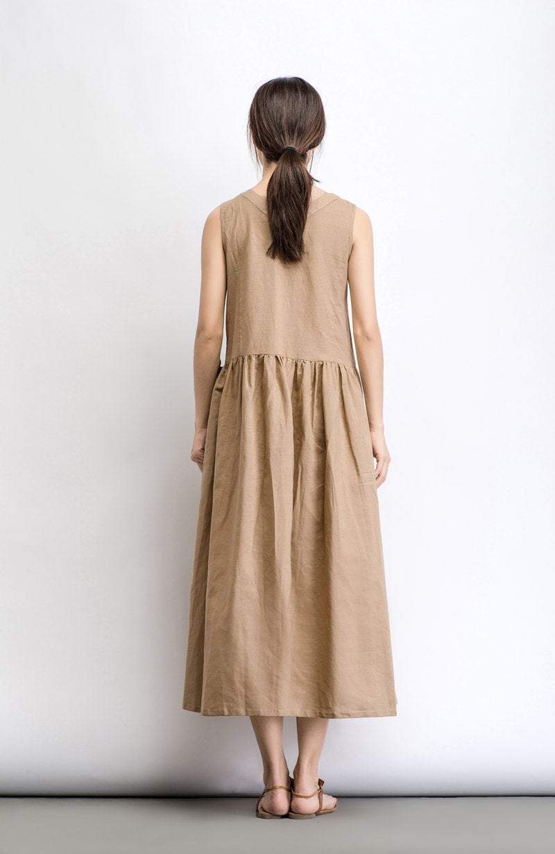 Sleeveless loose fit V neck maxi linen dress C487