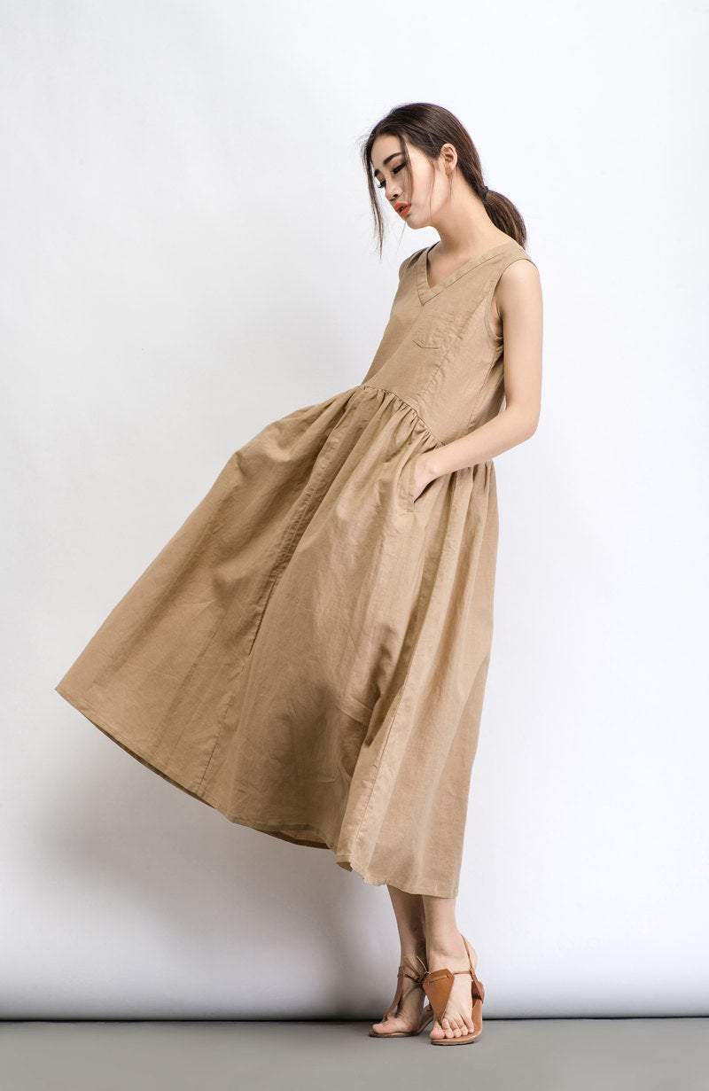 Sleeveless loose fit V neck maxi linen dress C487