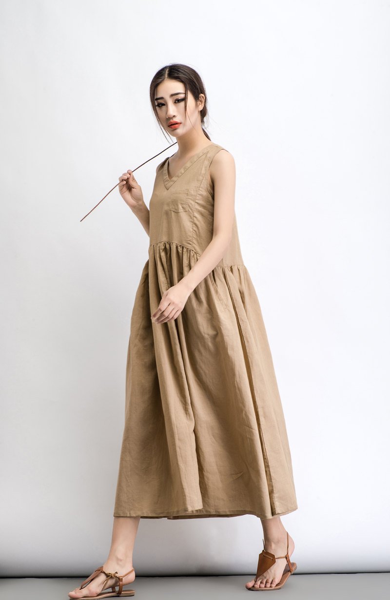 Sleeveless loose fit V neck maxi linen dress C487
