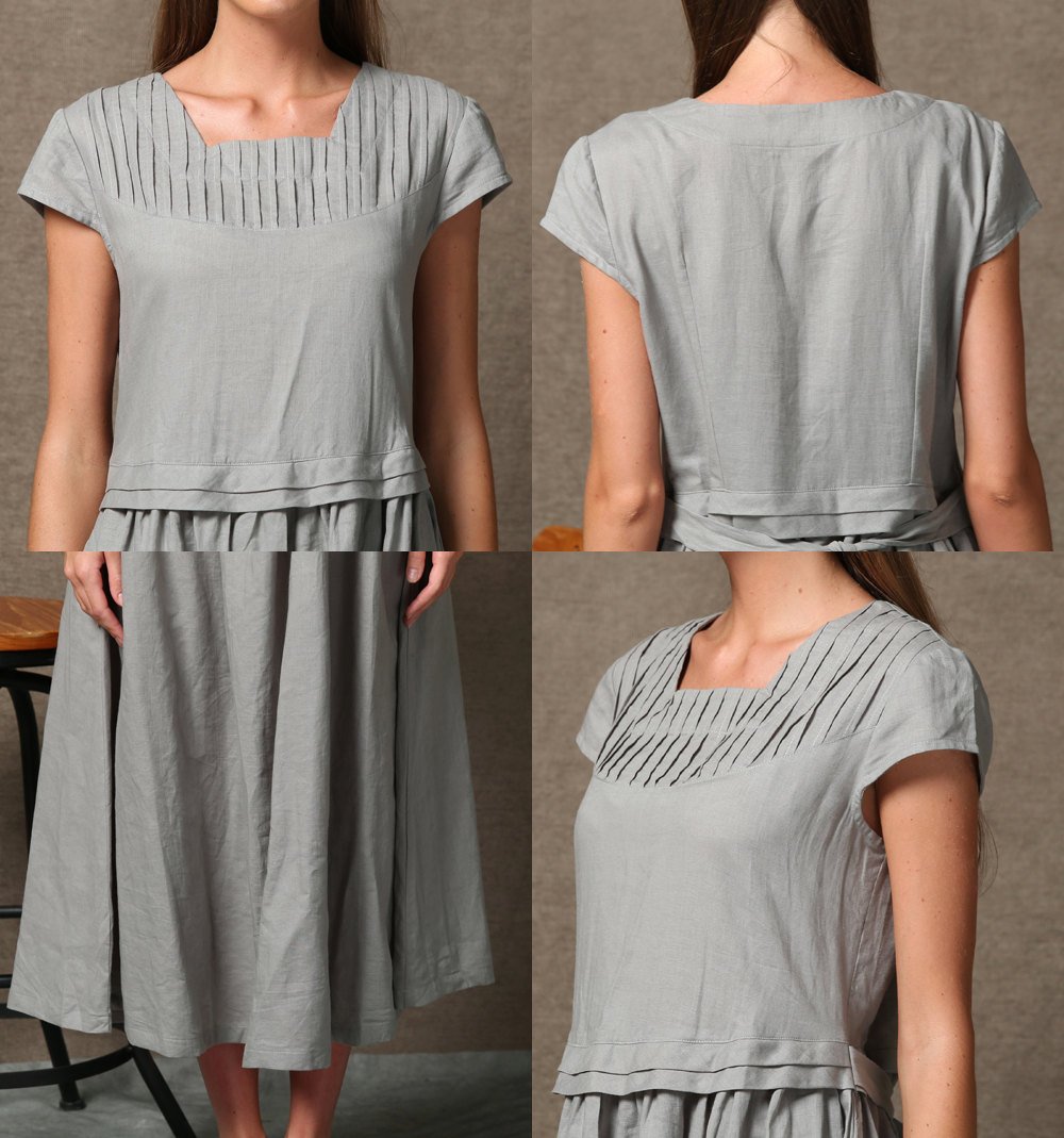 Gray Linen Dress, linen dress, long linen dress, woman dress, Short Sleeved dress, Loose linen dress, linen summer dress, casual dress C543