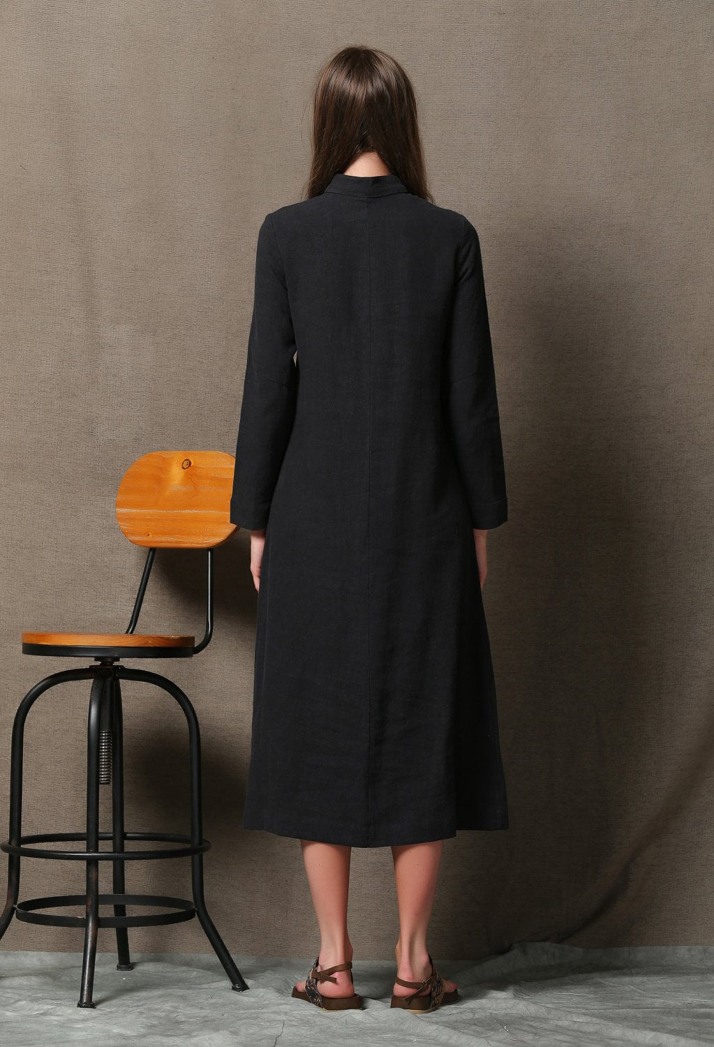 Black linen dress, linen shirt dress, midi linen dress, long sleeves dress, pocket dress, autumn dress, woman dress, button dress C610