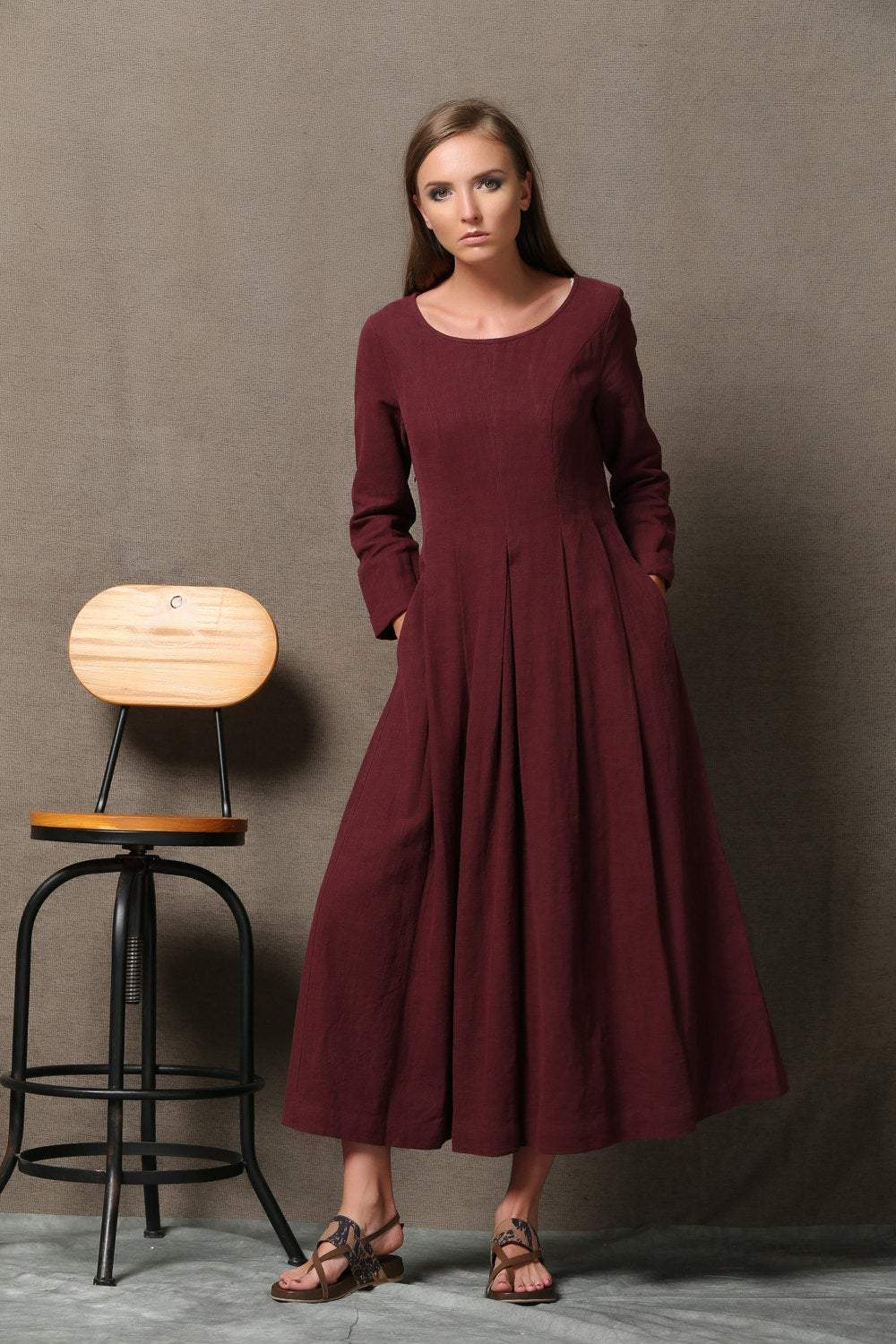 Burgundy Linen Dress - Semi-Fitted Long Maxi Plus Size dress C606