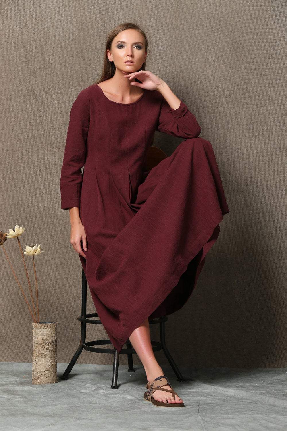 Burgundy Linen Dress - Semi-Fitted Long Maxi Plus Size dress C606