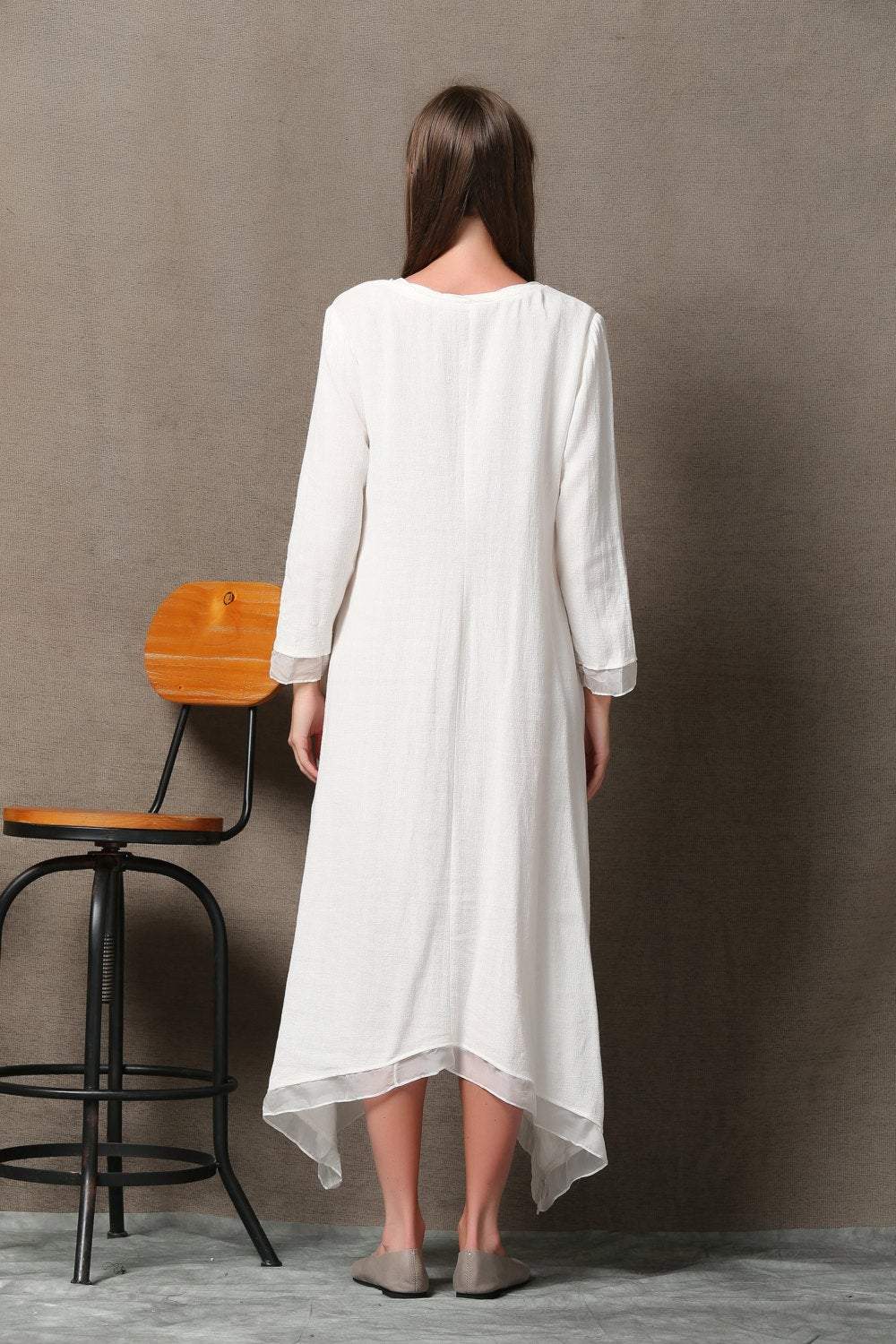 White Linen & Chiffon Long-Sleeved Asymmetrical Summer Dress C560