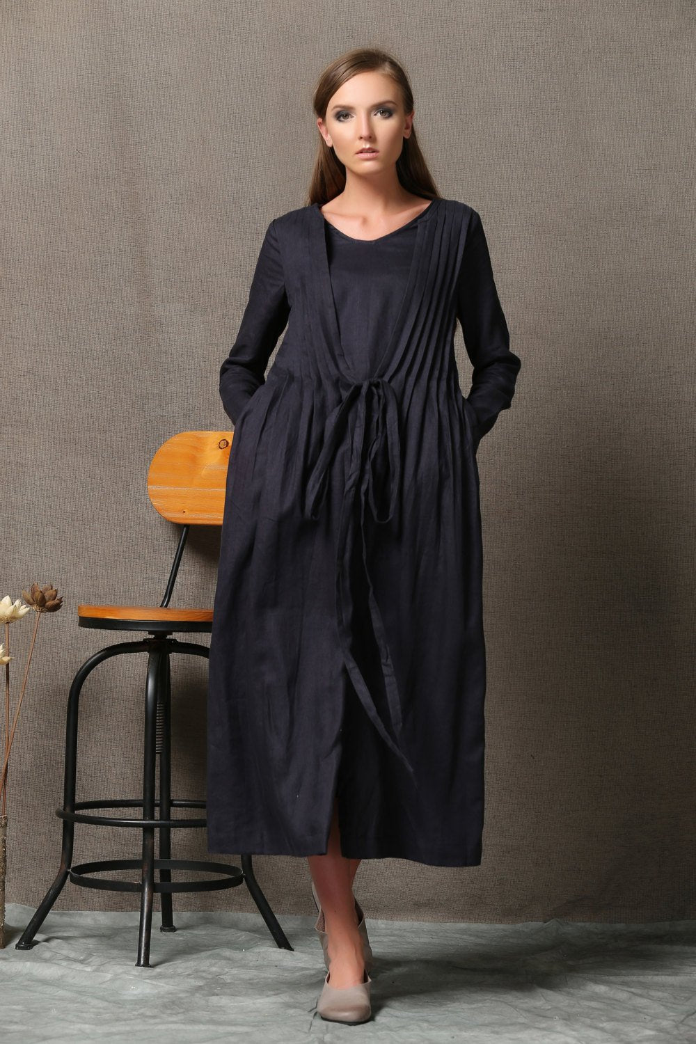 Black Dress, pleated dress, long linen dress, causal dress, linen dress, summer dress, long sleeve dress, maxi dress, loose dress C557
