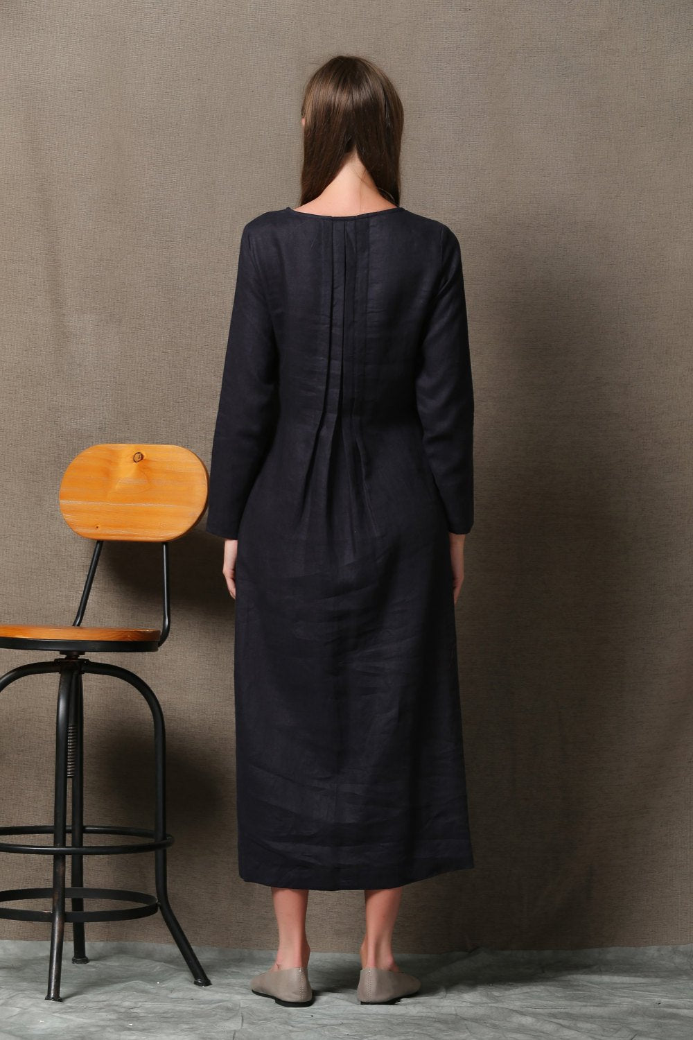 Black Dress, pleated dress, long linen dress, causal dress, linen dress, summer dress, long sleeve dress, maxi dress, loose dress C557