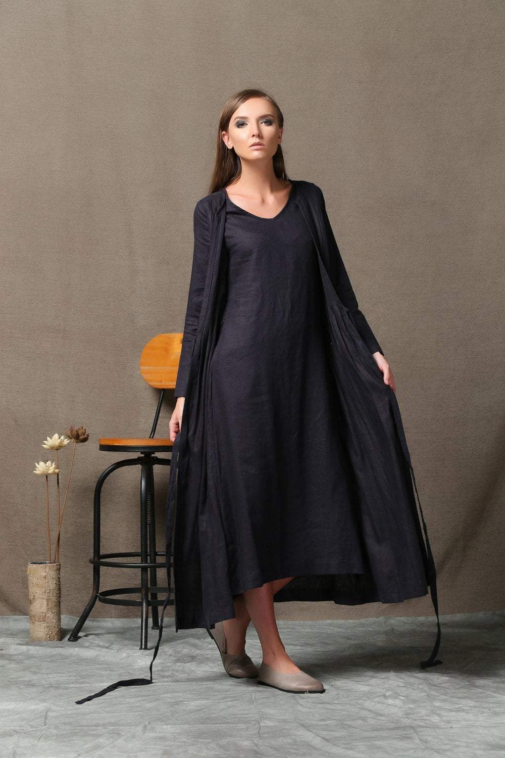 Black Dress, pleated dress, long linen dress, causal dress, linen dress, summer dress, long sleeve dress, maxi dress, loose dress C557