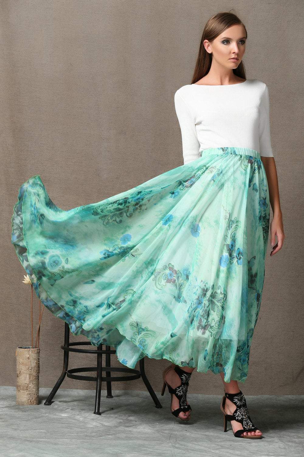 Turquoise skirt, chiffon skirt, print maxi skirt, sheer skirt, butterfly skirt, long skirt, floral skirt, flower skirt, summer skirt C564