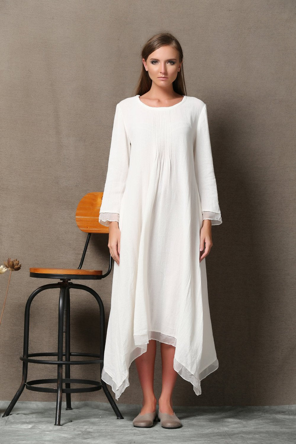White Linen & Chiffon Long-Sleeved Asymmetrical Summer Dress C560