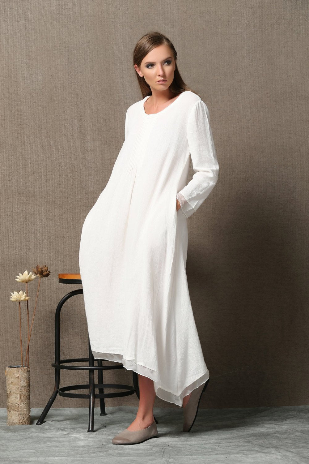 White Linen & Chiffon Long-Sleeved Asymmetrical Summer Dress C560