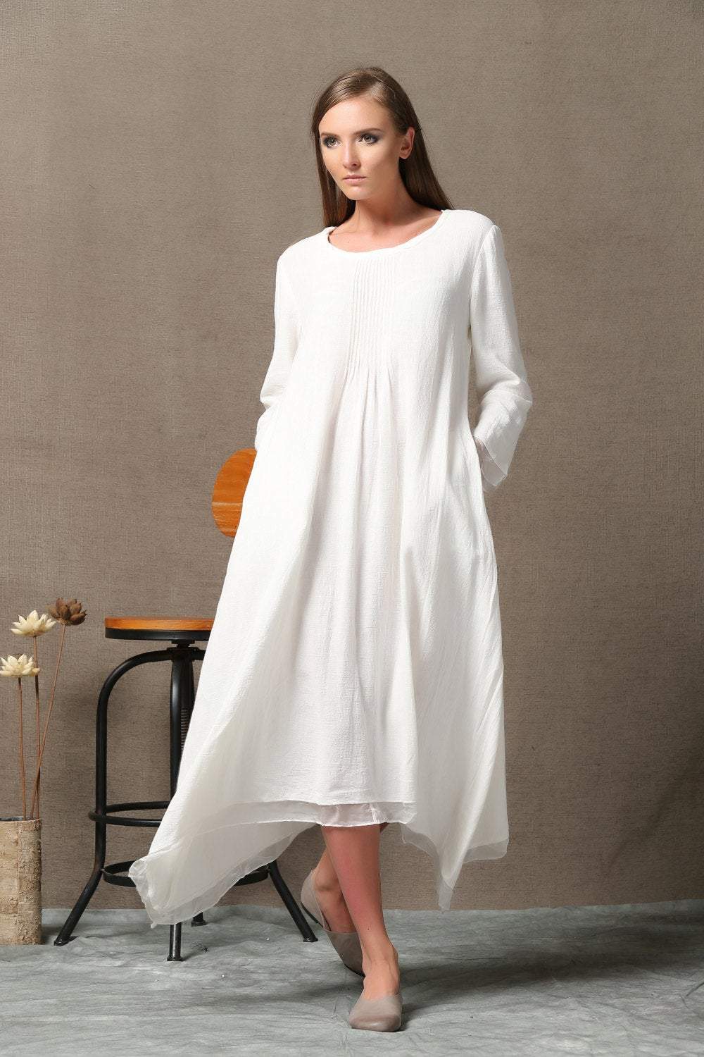 White Linen & Chiffon Long-Sleeved Asymmetrical Summer Dress C560