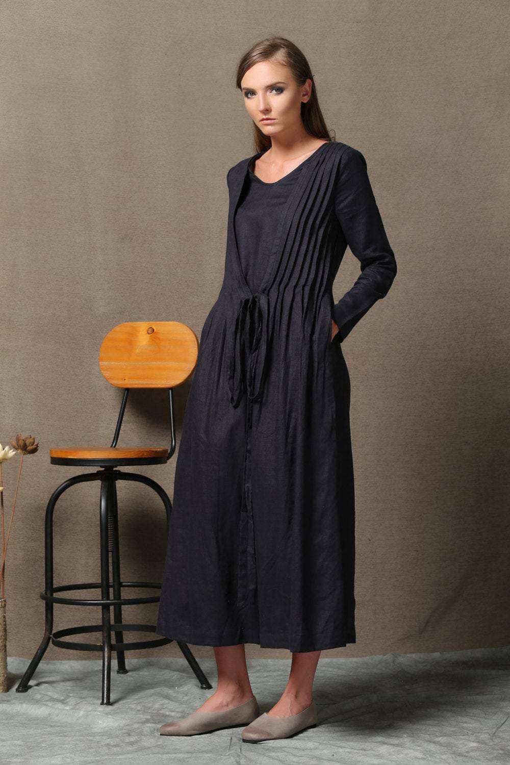 Black Dress, pleated dress, long linen dress, causal dress, linen dress, summer dress, long sleeve dress, maxi dress, loose dress C557