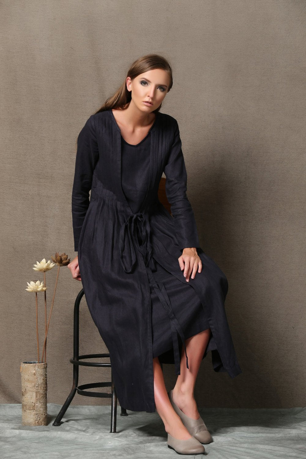 Black Dress, pleated dress, long linen dress, causal dress, linen dress, summer dress, long sleeve dress, maxi dress, loose dress C557