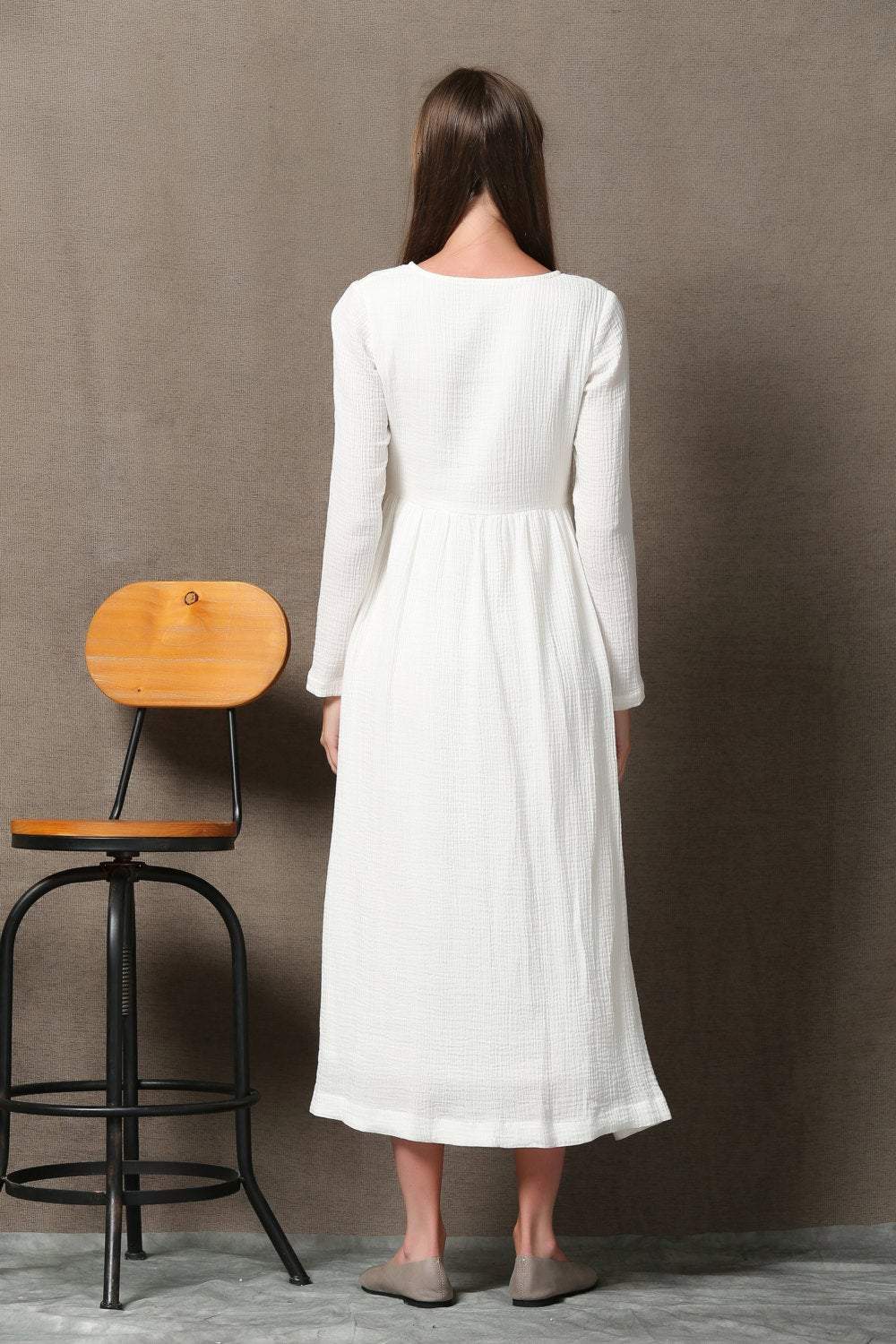 Casual long sleeve white maxi dress C555