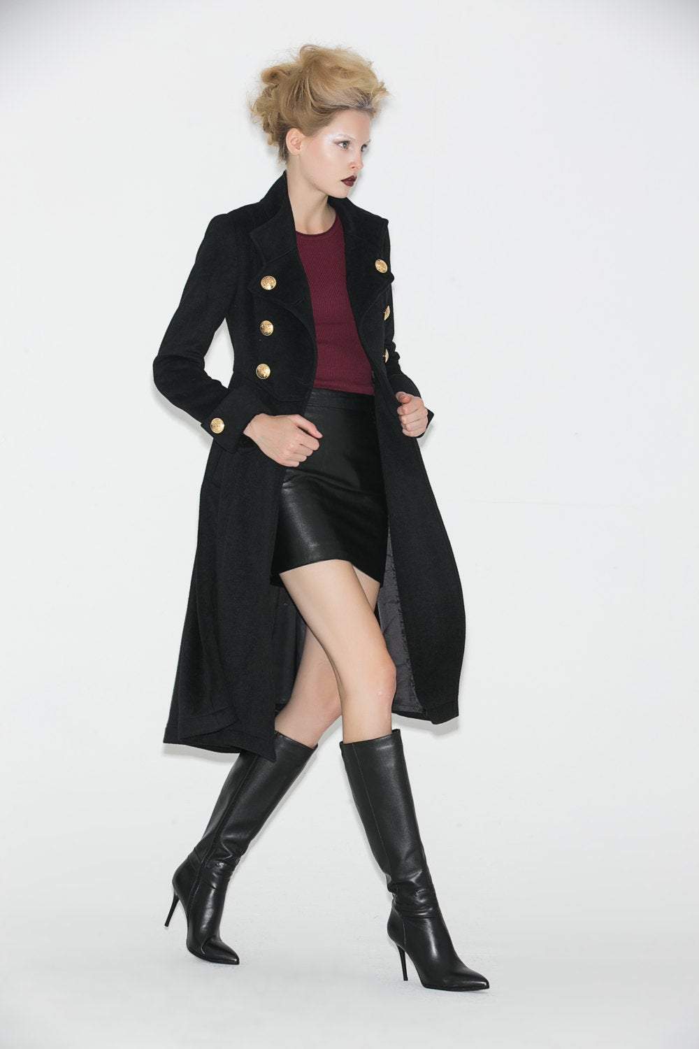 Black vintage inspired wool military coat C664