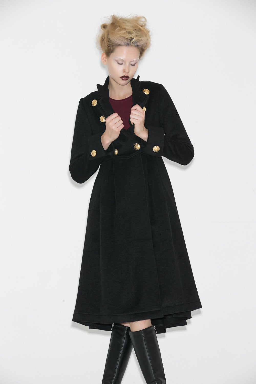 Black vintage inspired wool military coat C664